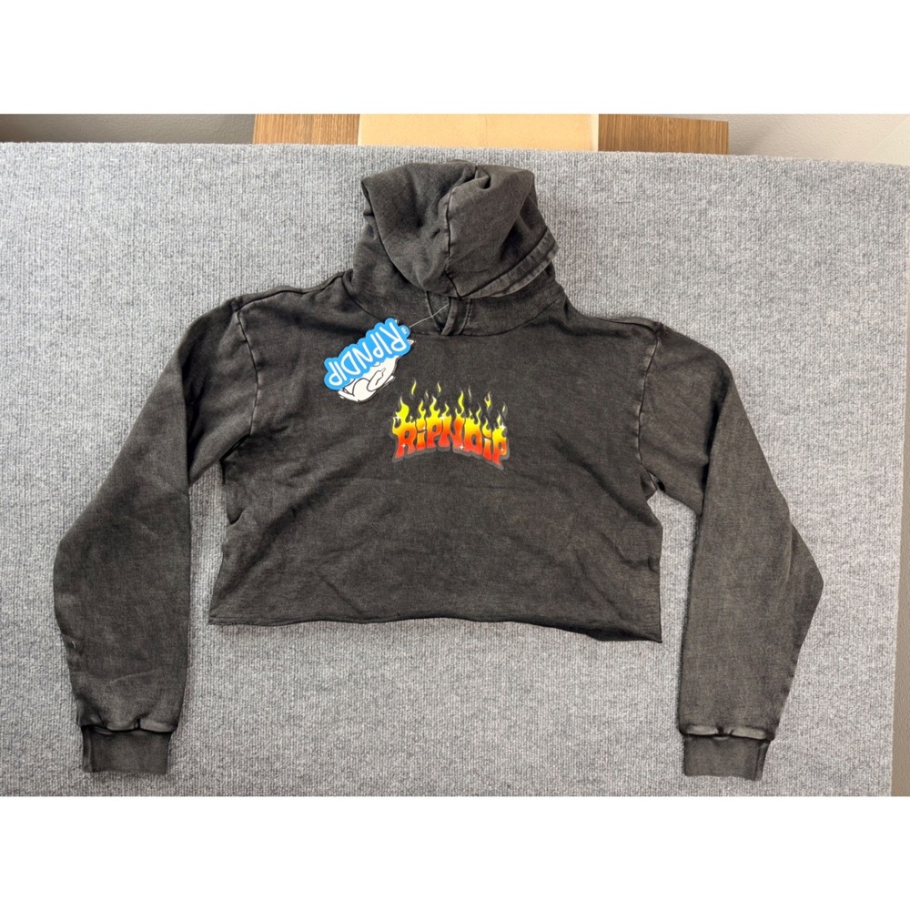 Ripndip Womens Large Black Cotton Flame Graphic Cropped Hoodie Sweatshirt New